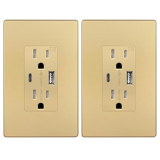 TOPGREENER USB Outlet, 4.2A Type C & Type A Wall Outlet, Gold, 2 Pack | 15 Amp Tamper Resistant Receptacle Plug, Charging Power Outlet with USB Ports, USB Receptacle, UL Listed, Wall Plate Included