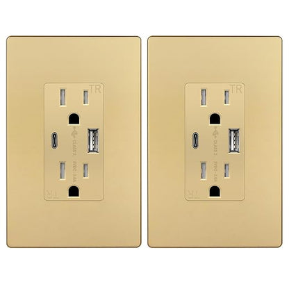 TOPGREENER USB Outlet, 4.2A Type C & Type A Wall Outlet, Gold, 2 Pack | 15 Amp Tamper Resistant Receptacle Plug, Charging Power Outlet with USB Ports, USB Receptacle, UL Listed, Wall Plate Included