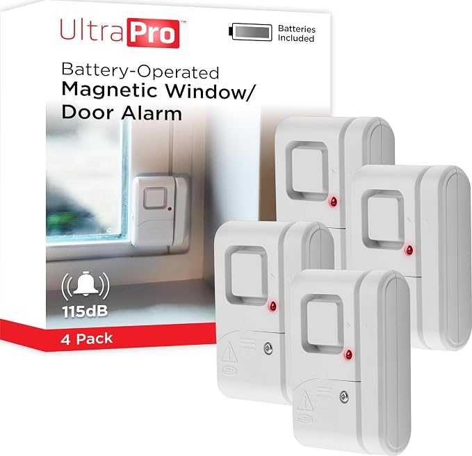 UltraPro Personal Security Window and Door Alarm, 4 Pack, Wireless Chime | DIY Protection, Burglar Alert, DIY Protection, Home Security, Ideal for Home, Garage, Apartment and More, 45174