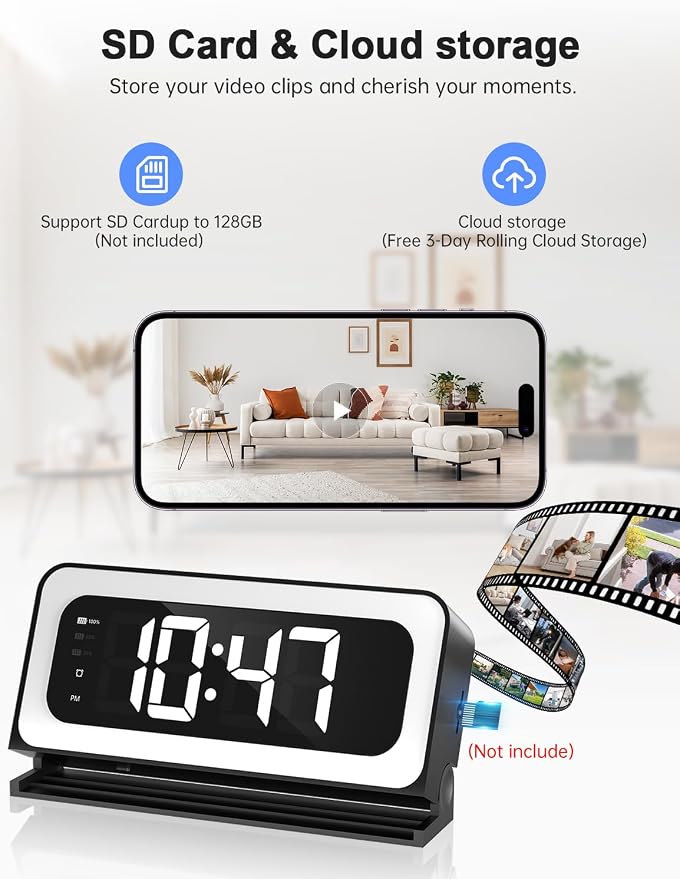 Clock Camera 2K,5G&2.4G WiFi Indoor Security Camera,Cameras for Home Security,3 in 1 Indoor Camera with Alarm,Full Color Night Vision,Local Storage