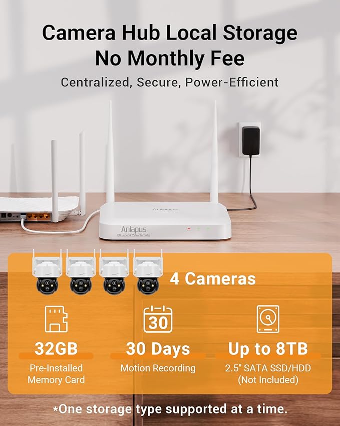 Anlapus Solar Security Camera Wireless Outdoor, 2.5K Pan/Tilt 4-Cam Kit with Solar Panel, Wireless Home Security Camera System with PIR/AI Detect, Color Night Vision, No Monthly Fee, 32GB Memory Card