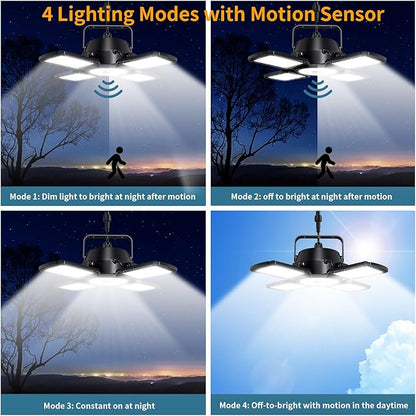 Auzev Solar Shed Light Indoor Outdoor Upgrade 176 LED 4 and 1 Heads Solar Powered Motion Sensor Pandent Daytime Work Lights with 4 Modes Remote Control Security lamp for Garage Gazebo Barn (2 Pack)