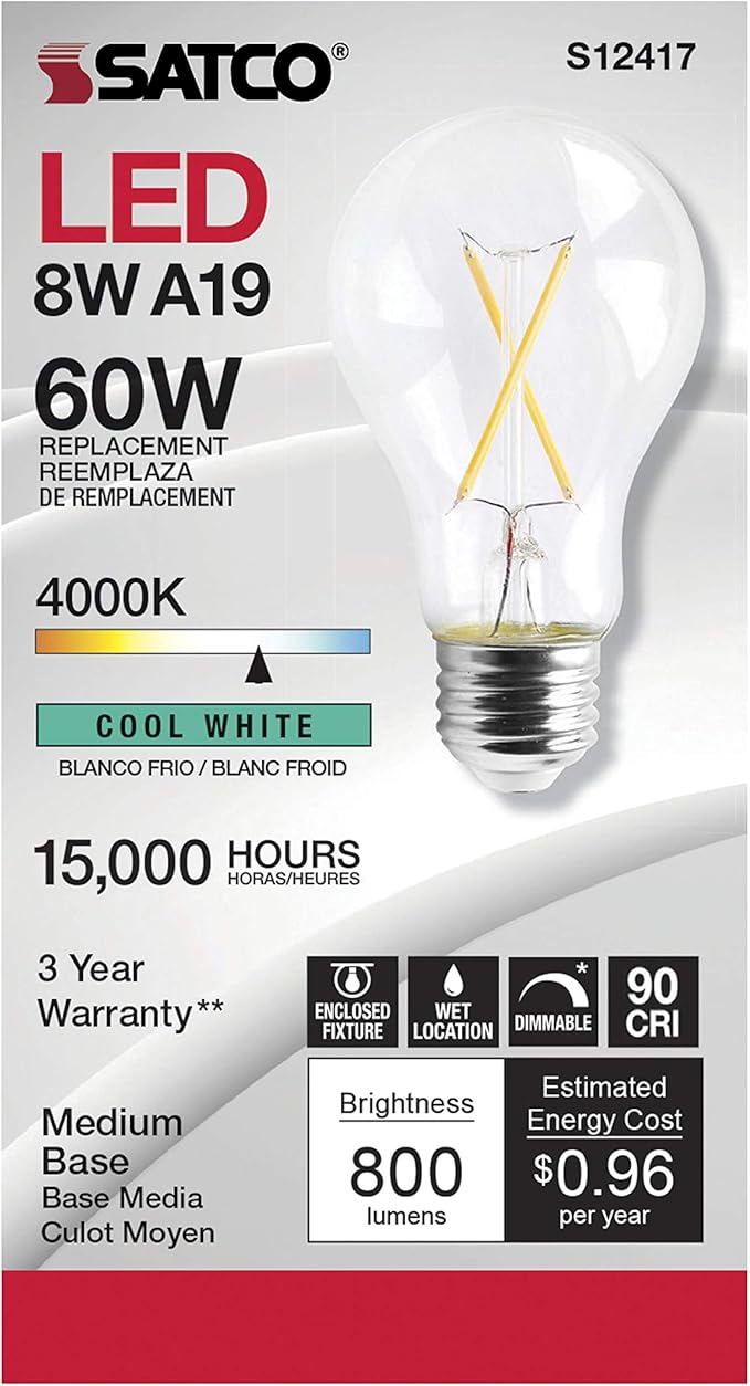 Satco Dimmable LED Filament A19 Light Bulbs, 8 Watt, 800 Lumens, 4000K Cool White, 90+ CRI, Clear Finish, E26 Medium Base, 120 Volt, Dimmable, Wet Location, Residential & Commercial, 6 Pack