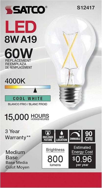 Satco Dimmable LED Filament A19 Light Bulbs, 8 Watt, 800 Lumens, 4000K Cool White, 90+ CRI, Clear Finish, E26 Medium Base, 120 Volt, Dimmable, Wet Location, Residential & Commercial, 6 Pack