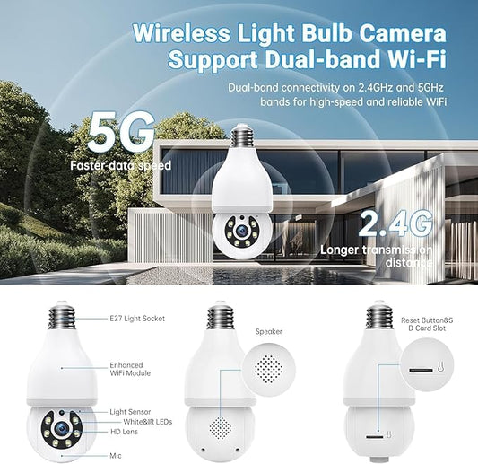 DYPCO Light Bulb Security Camera -5G& 2.4GHz WiFi Camera Outdoor Wireless Motion Detection and Alarm,Two-Way Talk,Color Night Vision,Human Detection, Light Socket Camera (White 2 Packs)