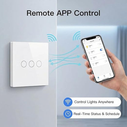 3-Way Smart Switch Wall Light Control Touch,App Remote Control,White | 3-Way WiFi BT 433MHz RF Tuya App control, Alexa Google voice, no hub, tempered glass touch panel for home indoor lights