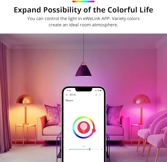 SONOFF B05-BL-A19 Wi-Fi Smart RGB Bulb 9W Variable Color, 2700K - 6500K Brightness Adjustable Color Temperature, APP Remote Control, Can Work with Alexa and Google Assistant (1 Pack)