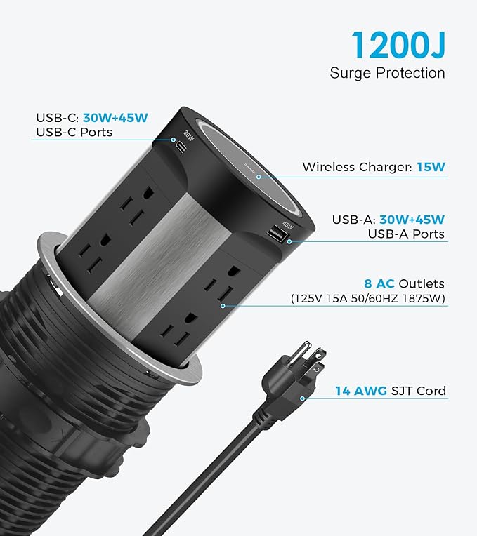 Pop Up Outlet for Countertop, 15W Wireless Charger PD 45W, 2 USB-A & 2 USB-C & 8AC Outlets 15A Tamper Resistant, 4-inch Island Kitchen Pop Out