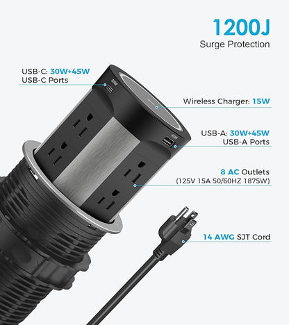 Pop Up Outlet for Countertop, 15W Wireless Charger PD 45W, 2 USB-A & 2 USB-C & 8AC Outlets 15A Tamper Resistant, 4-inch Island Kitchen Pop Out