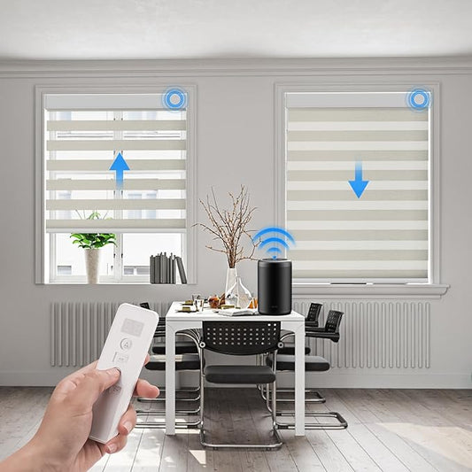 Motorized Zebra Blinds Compatible with Alexa Smart Dual Layer Shades with Control Remote Roller Blinds Automatic Shades for Smart Home and Office Customized Size (95% Shading - Luxury Gold)