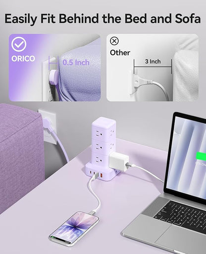 ORICO Power Strip Tower with Multiple Outlets, Tower Extension Cord with 12 AC Outlets 4 USB Ports (2 USB C), Space Saving Design, 5FT Cord Power Tower for Home, Office, Dorm - TPP20