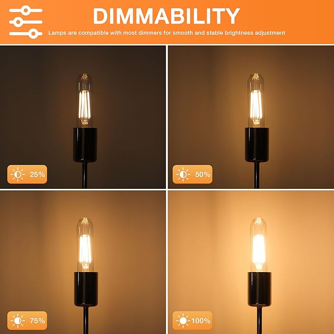 ToBeGreat T30 E26 Tubular Filament Light Bulbs Dimmable 6 Watt Equivalent 60W Bulb T10 Edison LED Warm White 2700K,Desk Lamp,Kitchen,2 Pack