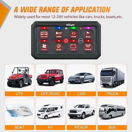 Nilight 8 Gang Switch Panel Red 12V 24V Circuit Control Relay System 4-Mode | Fuse Wiring Harness Automatic Dimmable LED Pod Toggle/Momentary/Strobe/Flash Modes for Car Pickup Truck Camper SUV