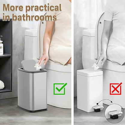 2.1 Gal Slim Bathroom Trash Can with Swing Lid, Rustproof Stainless Steel Small Garbage Can for Narrow Spaces & Toilet Side, Dog Proof Odor Control Waste Basket for Bedroom/Office, Silver