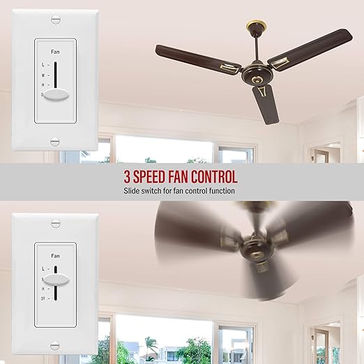 ENERLITES 3 Speed Decora in Wall Ceiling Fan Control, Slide Switch, 120VAC, 2.5A, Single-Pole, Neutral Wire NOT Required, 17000-F3-W2P, White, 2 Pack