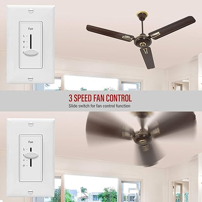 ENERLITES 3 Speed Decora in Wall Ceiling Fan Control, Slide Switch, 120VAC, 2.5A, Single-Pole, Neutral Wire NOT Required, 17000-F3-W2P, White, 2 Pack