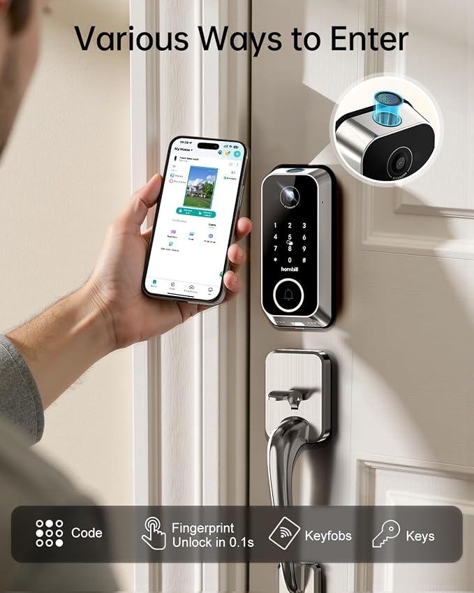 Smart Front Door Lock Sets: 2K HD Camera Lock with Doorbell Kits, Hornbill Fingerprint Keyless Entry Door Lock with Handles, WiFi Deadbolt (only 2.4G) for Remote Control, Auto Lock,Satin Nickel