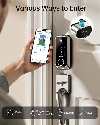 Smart Front Door Lock Sets: 2K HD Camera Lock with Doorbell Kits, Hornbill Fingerprint Keyless Entry Door Lock with Handles, WiFi Deadbolt (only 2.4G) for Remote Control, Auto Lock,Satin Nickel