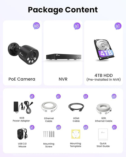 Loocam 16CH 8MP Home Security Camera System, 8pcs Wired Outdoor PoE IP Cameras with AI Detection, 4K 16CH NVR Security System with 4TB HDD for 24/7 Recording, UHD Night Vision, Plug & Play