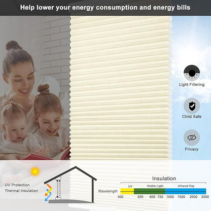 Changshade Custom Size Cellular Window Blinds Cordless, Light Filtering Pleated Honeycomb Shades, 1.5 inch Single Cell Cellular Shades for Bedroom, Bathroom, French Door, Beige, JZCMC-CEL-BG-D