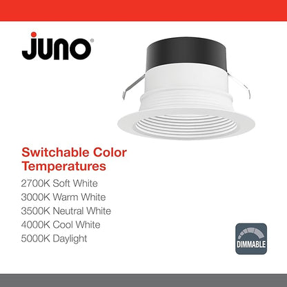 Juno E Series 4" LED Ceiling Light, Baffle Trim Recessed Lighting with 5-in-1 Switchable White Color, 700 Lumens, Wet Rated LED Downlight, Dimmable, White, 1-Pack