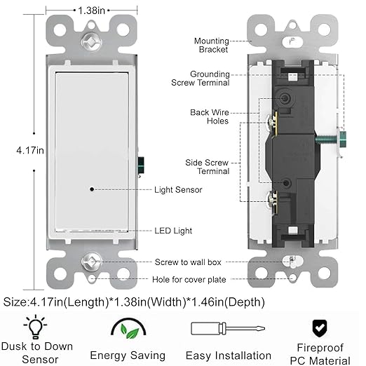 2 Pack Illuminated Light Switch,Paddle Rocker Wall Switch with LED Night Light, Automatic On/Off Sensor, Single Pole, 15Amp 120/277Volt, White