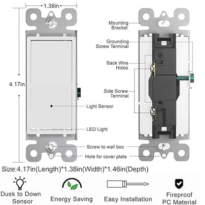 4 Pack Illuminated Light Switch, Lightswitch with LED Night Light, Automatic On/Off Sensor, Single Pole Switch, 15Amp 120/277Volt,White