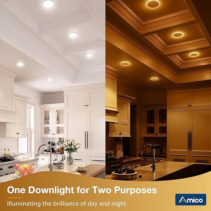 Amico 4 Pack 4 Inch 5CCT LED Recessed Ceiling Light with Night Light, 2700K/3000K/3500K/4000K/5000K Selectable Ultra-Thin Recessed Lighting, 10W=90W, 700LM, Dimmable Canless Wafer Downlight ETL&FCC