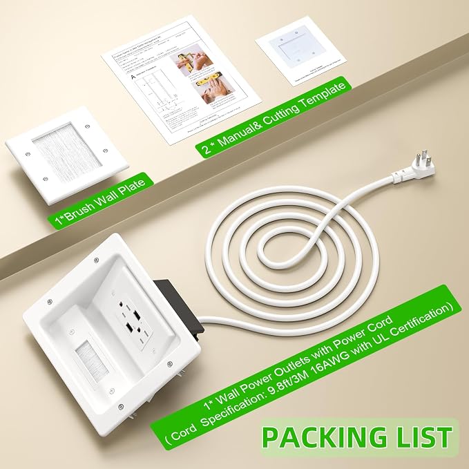 in Wall Cable Management Kit with Brush Wall Plate,AC Outlets & USB-a Ports,9ft Cord,Hide Cords Recessed Wall Outlet for TV Cable Management,HDMI Cables and Home Theater Systems