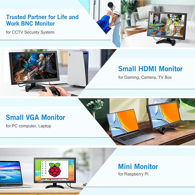 Haiway 14 Inch Security Monitor, 1366x768 Resolution Small PC Monitor Built-in Speakers with HDMI/VGA/BNC/AV Ports, Home Office Mini hdmi Monitors for Laptop, CCTV Camera, Gaming with Remote Control