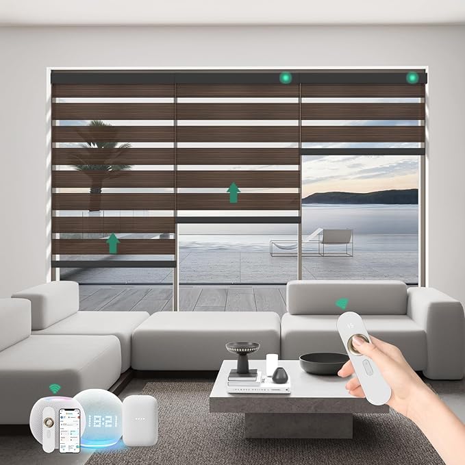Motorized Zebra Blinds with Remote, Work with HomeKit Alexa Automatic Electric Window Shades 80% Blackout Light Filtering for Smart Home and Office, Customized Size Wooden Texture Brown