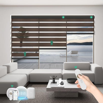 Motorized Zebra Blinds with Remote, Work with HomeKit Alexa Automatic Electric Window Shades 80% Blackout Light Filtering for Smart Home and Office, Customized Size Wooden Texture Brown