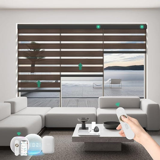 Motorized Zebra Blinds with Remote, Work with HomeKit Alexa Automatic Electric Window Shades 80% Blackout Light Filtering for Smart Home and Office, Customized Size Wooden Texture Brown