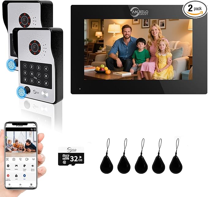 7-Inch Smart Video Intercom System,1080P HD Wired Doorbell with Touchscreen Monitor,Fingerprint, RFID & PIN Unlock,Tuya Smart App Control,Ideal for Homes, Villas & Apartments (2 doorbell + 1 Monitor)