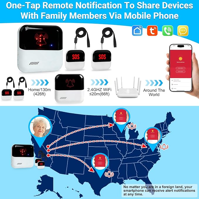 WiFi Caregiver Pager Medical Alert Systems for Seniors No Monthly Fee App Control Alert Button for Seniors at Home,2 Call Button and 1 Receiver,for Elderly,Patients,Disabled
