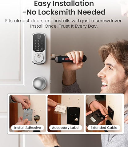 DESLOC B200 Fingerprint Smart Lock with 2 Knobs, Keyless Entry Front Door Lock Set, Electronic Keypad Deadbolt, App Control, Auto Lock, Long Battery Life,Silver