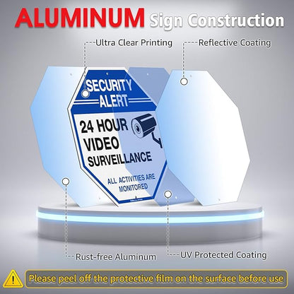 Faittoo Security Sign Video Surveillance Sign with 42" Stake, 10"x10" Rust Free Heavy Aluminum, Reflective, Fade Resistant, 2 Pre-drilled Holes, Includes Matching Screws & Wrench