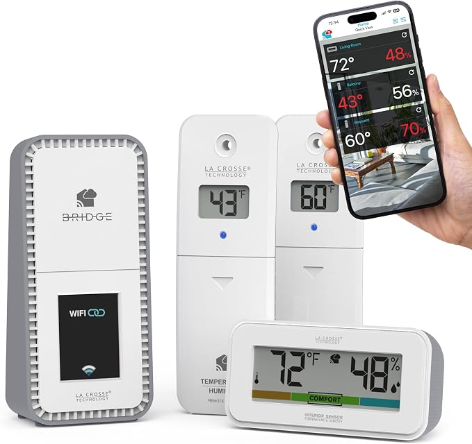 Temp Tracker Advanced Wi-Fi Alert System with the Bridge Gateway, 2 Indoor Outdoor Temperature and Humidity Sensors, an Interior Temperature and Humidity Display with Comfort Meter