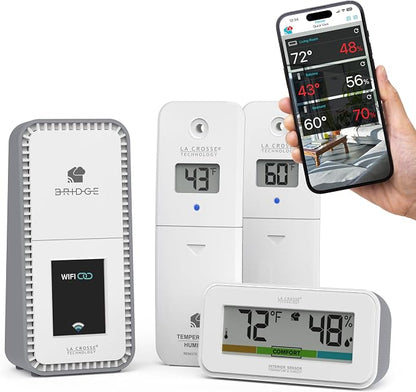 Temp Tracker Advanced Wi-Fi Alert System with the Bridge Gateway, 2 Indoor Outdoor Temperature and Humidity Sensors, an Interior Temperature and Humidity Display with Comfort Meter