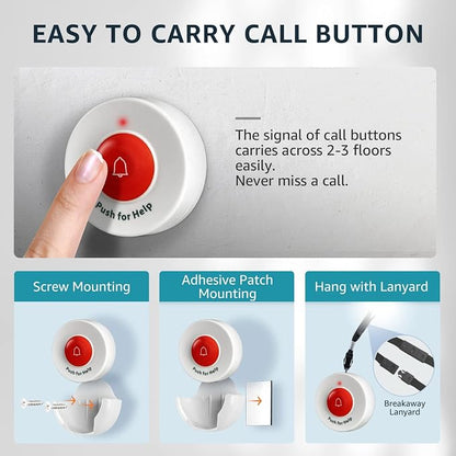 2 Caregiver Pagers with 2 Call Buttons & 1 Motion Sensor for Elderly at Home, Bed Exit Fall Prevention Alarm, Must BE PAIRED to Pager to Function