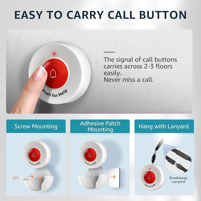 2 Caregiver Pagers with 2 Call Buttons & 1 Motion Sensor for Elderly at Home, Bed Exit Fall Prevention Alarm, Must BE PAIRED to Pager to Function.