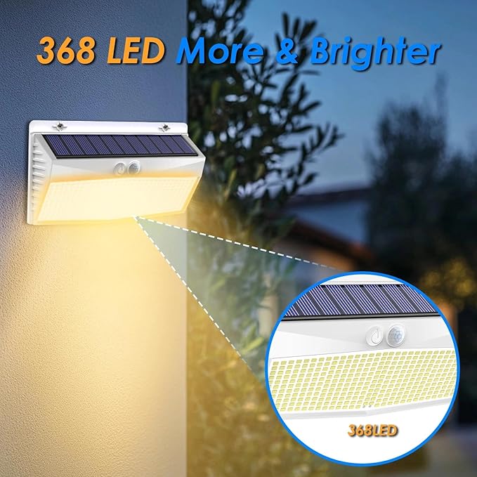 Peasur 1 Pack 368 LED Solar Lights Outdoor Motion Sensor, Solar Fence with 3 Lighting Modes, Powered Security Waterproof for Outside Yard Wall Garden,White Warm