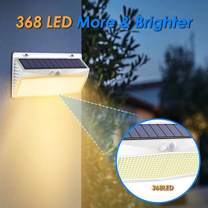Peasur 1 Pack 368 LED Solar Lights Outdoor Motion Sensor, Solar Fence with 3 Lighting Modes, Powered Security Waterproof for Outside Yard Wall Garden,White Warm