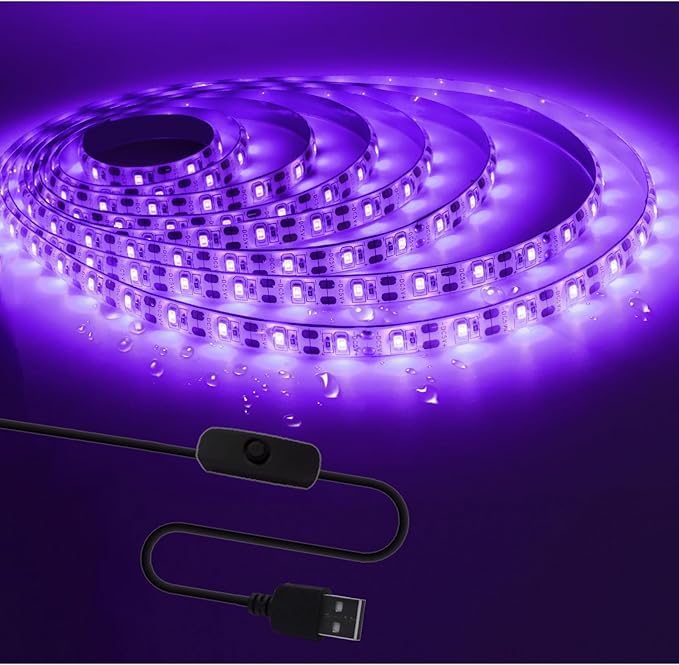 UV LED Strip Lights, 5V USB 9.84ft Black Light with Switch SMD 2835 395nm-405nm IP65 Waterproof Total 180 LEDs Rope Strips for Bar, Halloween Party, Club, Decoration