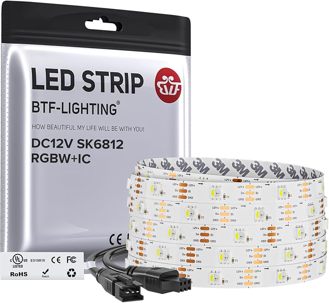 BTF-LIGHTING RGB+Cool White SK6812 LED Strip 16.4FT 150LED IP30 DC12V | RGBW Individually Addressable UL Listed 4 Colors in 1 Light (Similar WS2812B) White PCB(No Adapter or Controller)