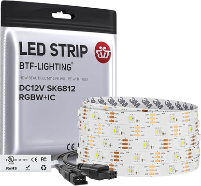BTF-LIGHTING RGB+Cool White SK6812 LED Strip 16.4FT 150LED IP30 DC12V | RGBW Individually Addressable UL Listed 4 Colors in 1 Light (Similar WS2812B) White PCB(No Adapter or Controller)