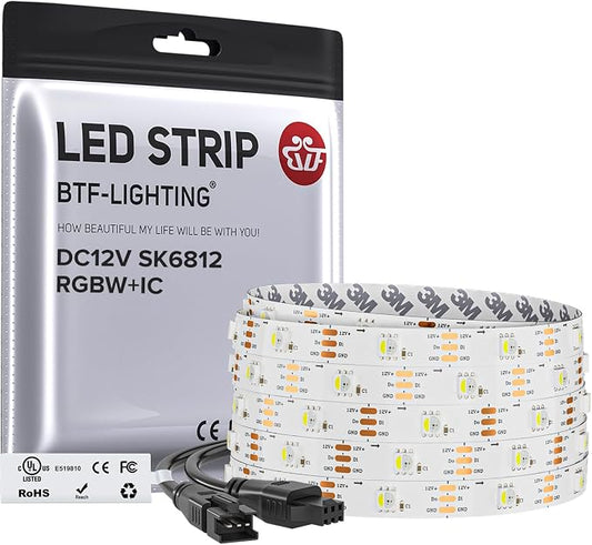 BTF-LIGHTING RGB+Cool White SK6812 LED Strip 16.4FT 150LED IP30 DC12V | RGBW Individually Addressable UL Listed 4 Colors in 1 Light (Similar WS2812B) White PCB(No Adapter or Controller)
