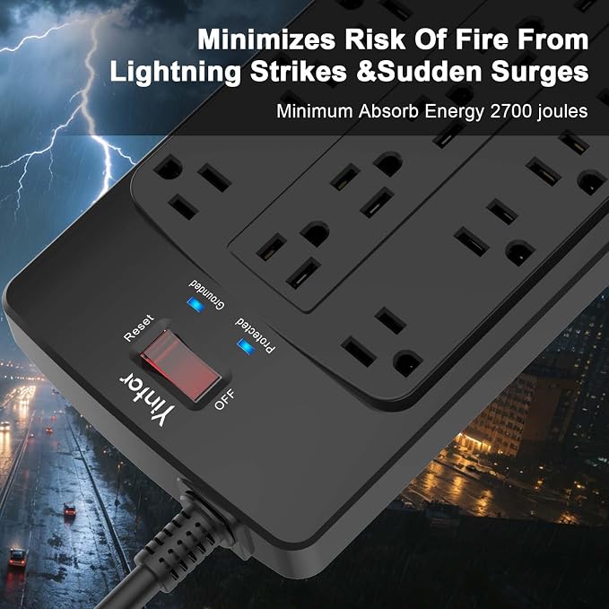 Yintar 10Ft Surge Protector Power Strip with 18 Outlets and 4 USB Ports | 10 Feet Flat Plug Heavy Duty Extension Cord with Multiple Outlets for Home, Office, Dorm Essentials, 2100 Joules, ETL, Black