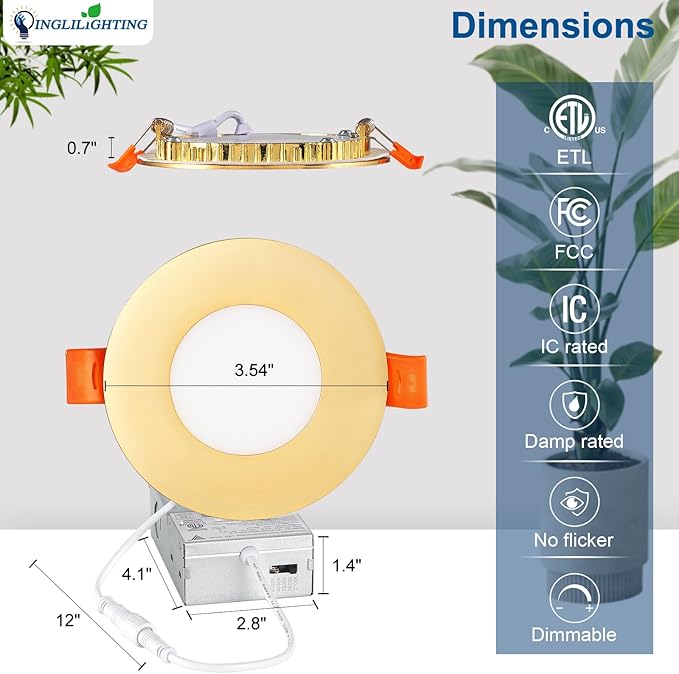 DLLT LED Recessed Ceiling Light: 24 Pack 3 Inch Gold Slim Recessed Lighting for Kitchen - 5CCT Dimmable Canless Wafer Downlight for Living Room - 600LM Brightness 6W LED Can Lights for Bedroom ETL FCC