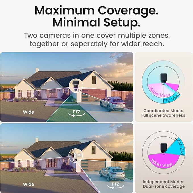 aosu T2 Pro Solar Security Cameras Wireless Outdoor, 4 Cam Kit, 3K Dual Cam No Blind Spot Security Camera for Home, 170° Wide + 360° PTZ, AI Detection, 8X Zoom, Expandable 1TB Local Storage